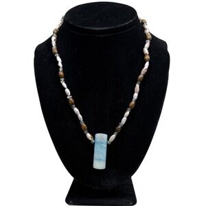 Seashell Beaded Necklace Wood Stone Statement Pendant Boho Jewelry 9.5 in L